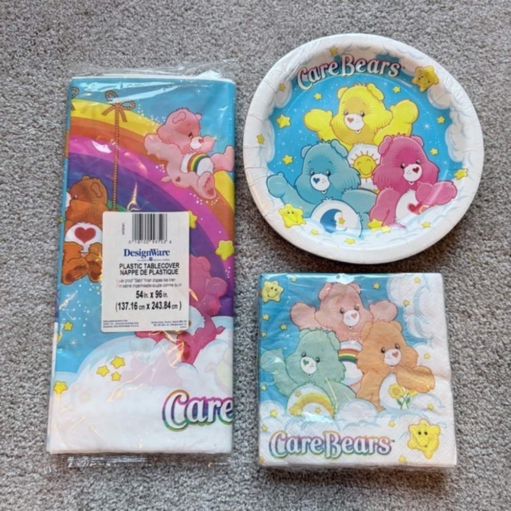 Vintage Care Bears new sealed plates, napkins and plastic table cloth bundle
